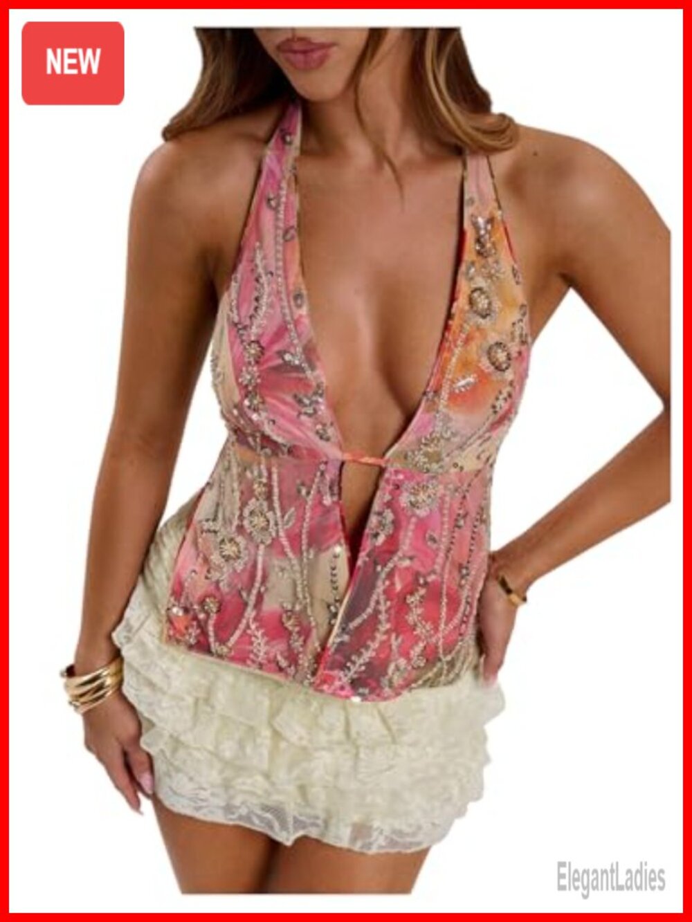 Sequin Halter Top Backless Ruffle Tops Women